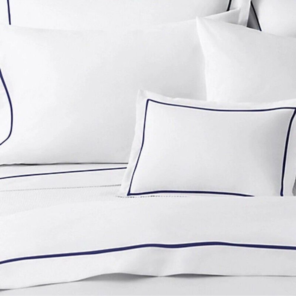 Ralph Lauren Bedding Organic Palmer Percale Navy Blue White King Flat Sheet NWT